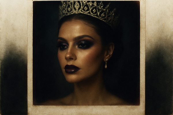 Hyper-realistic beauty queen makeup up close. Beautiful, dark, mystical, and grainy colors to obfuscate the image (Polaroid style).